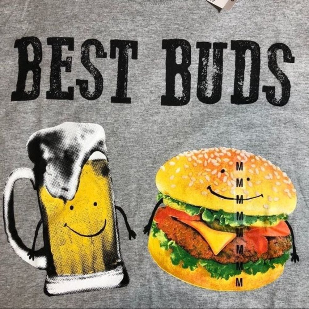 Add on item only Best buds beer, hamburger, gray, short sleeve crewneck T-shirt - Picture 2 of 5